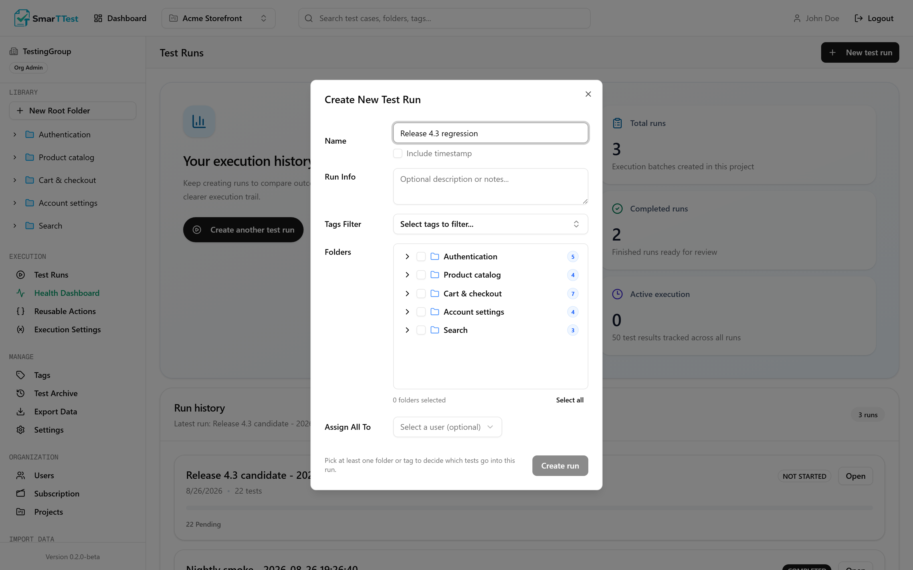 The create run dialog