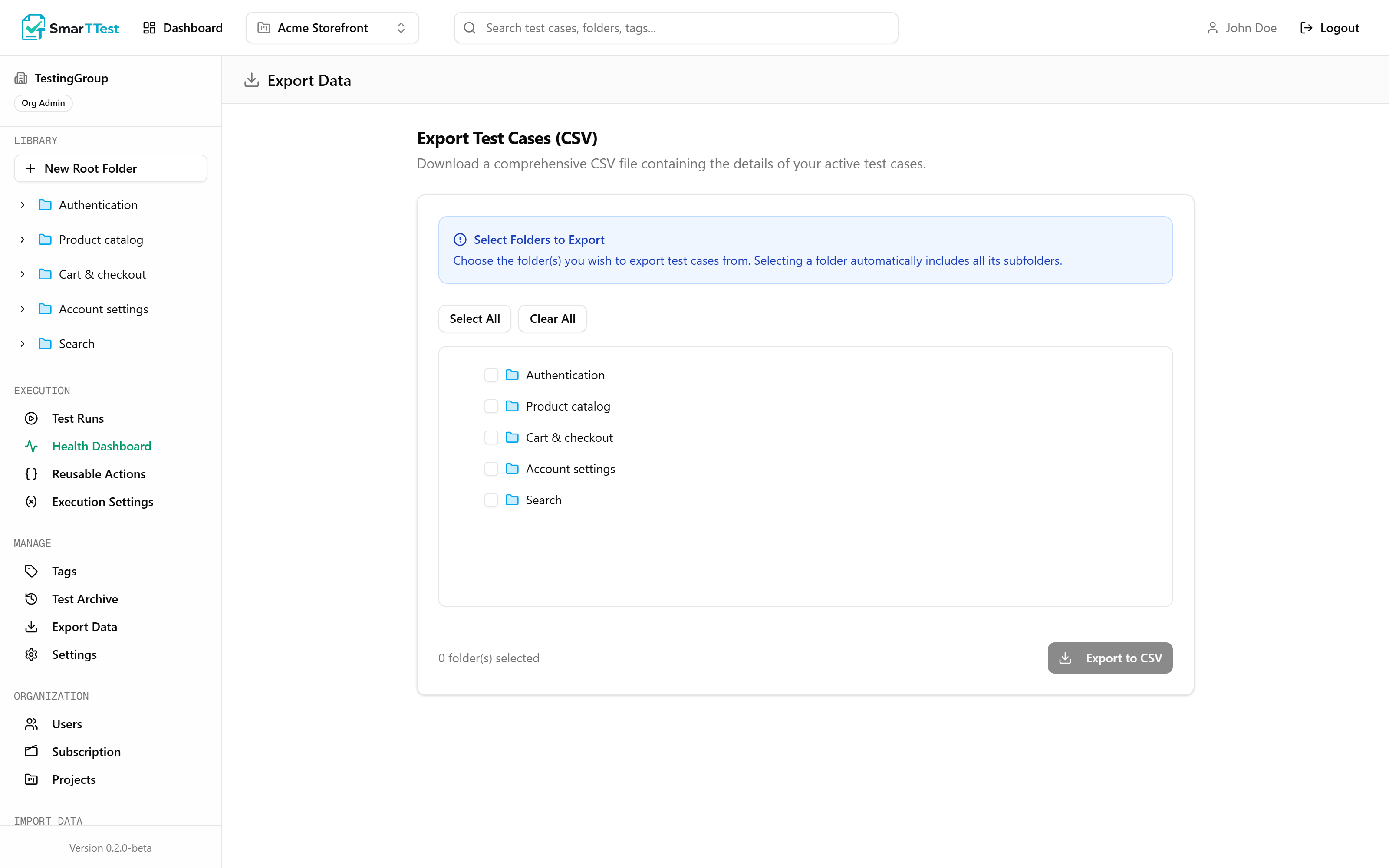 The Export Data screen