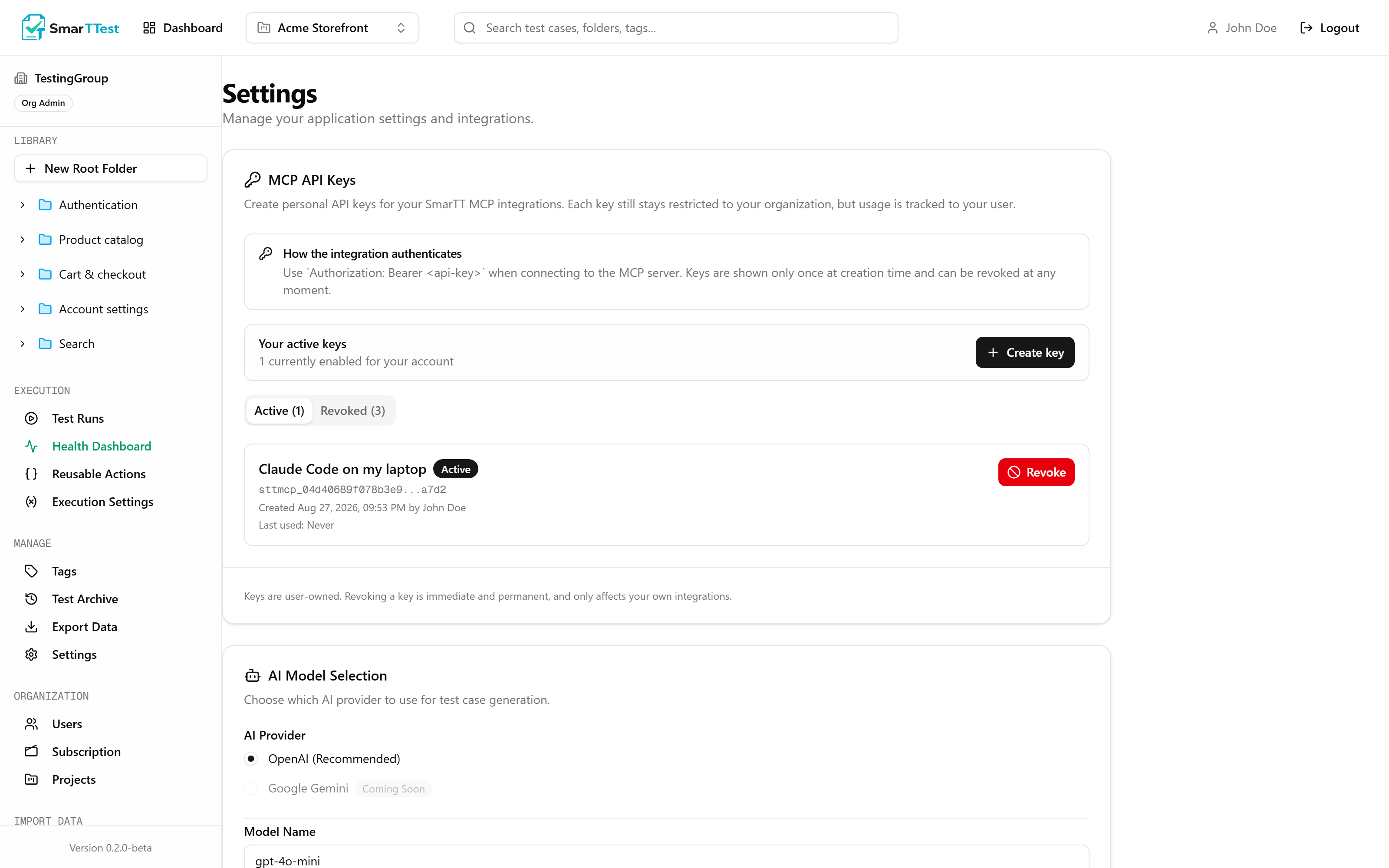 The MCP API Keys card in Settings