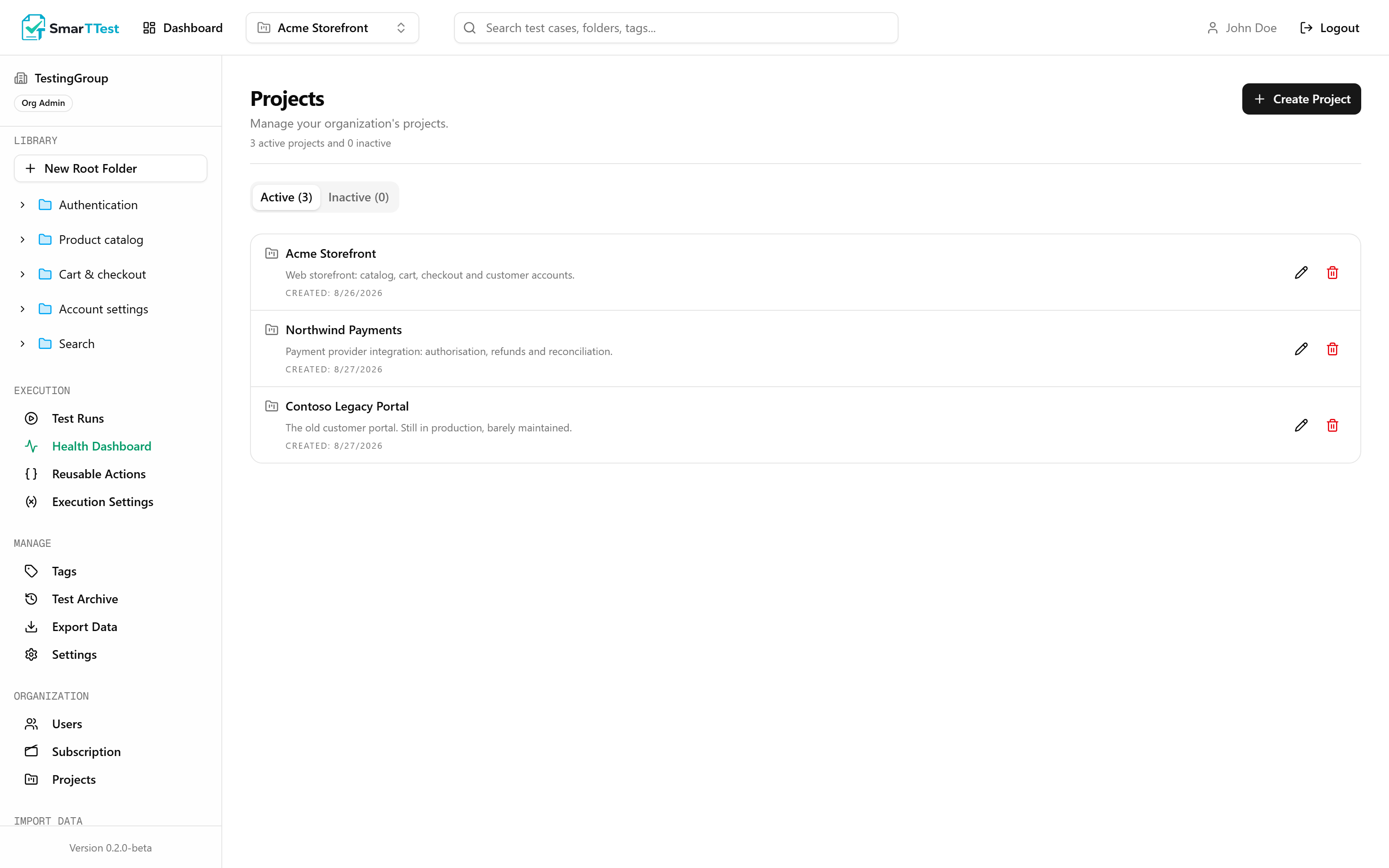 The Projects screen under Organization