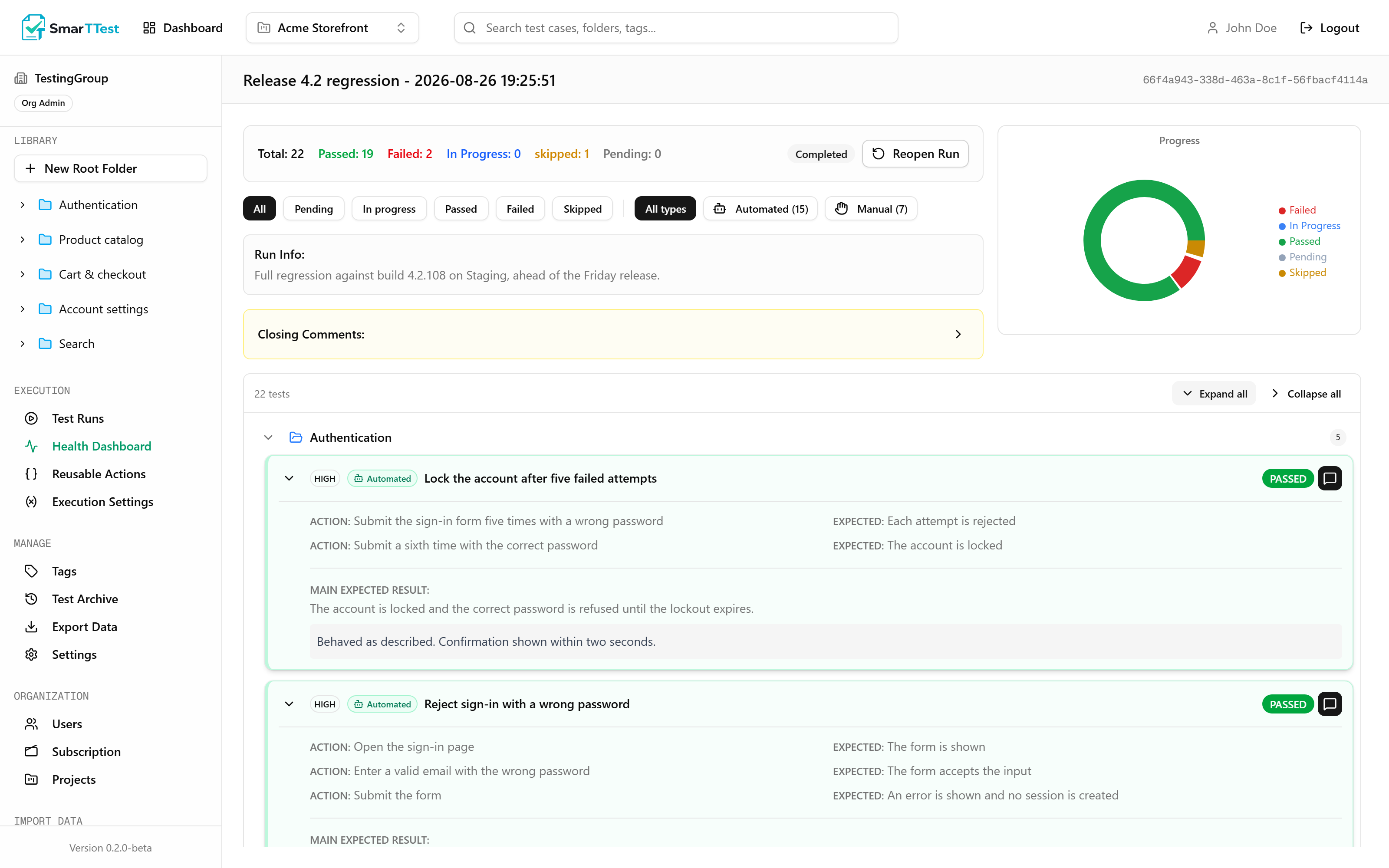 A run in progress, with per-test results