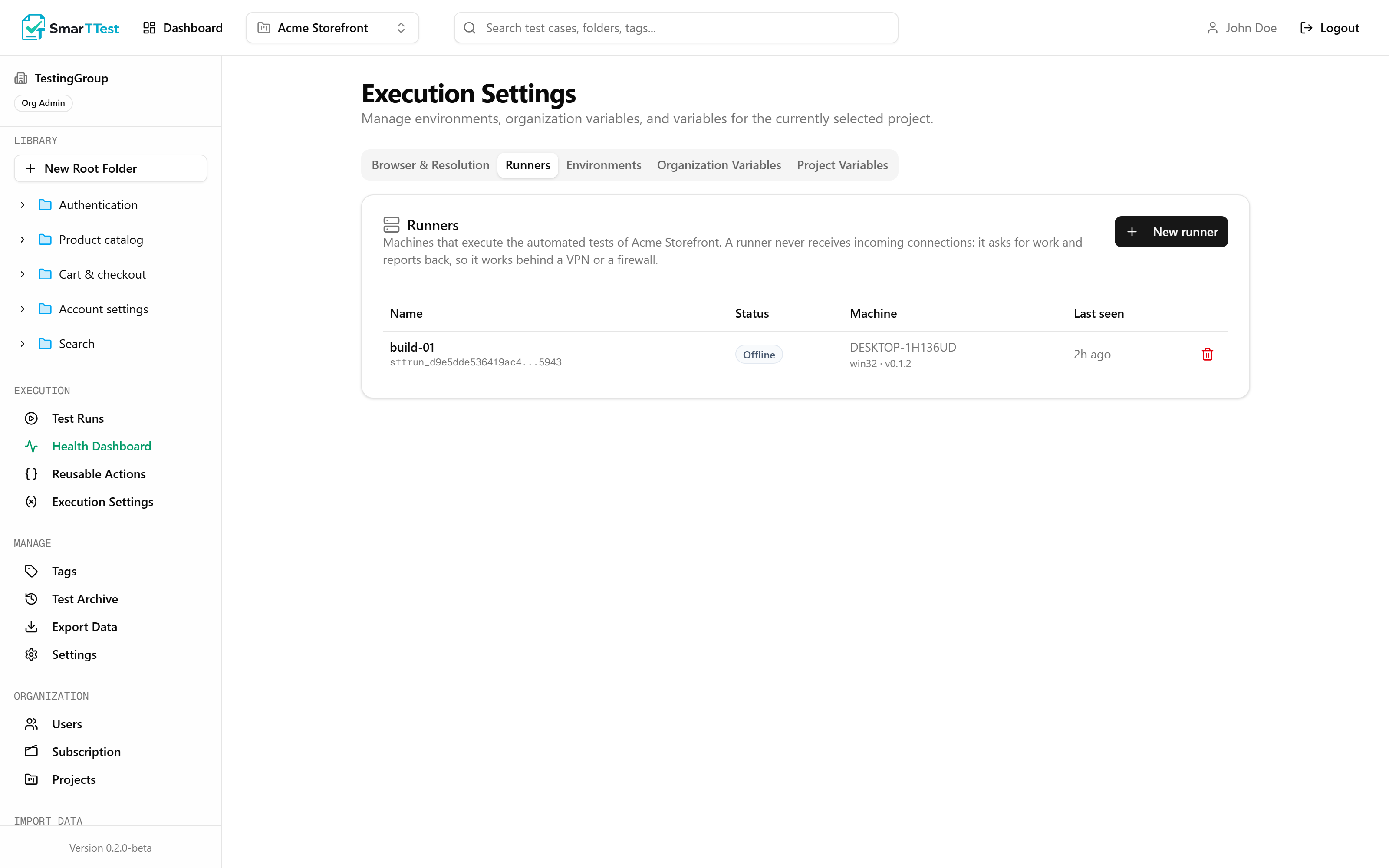 The Runners card in Execution Settings