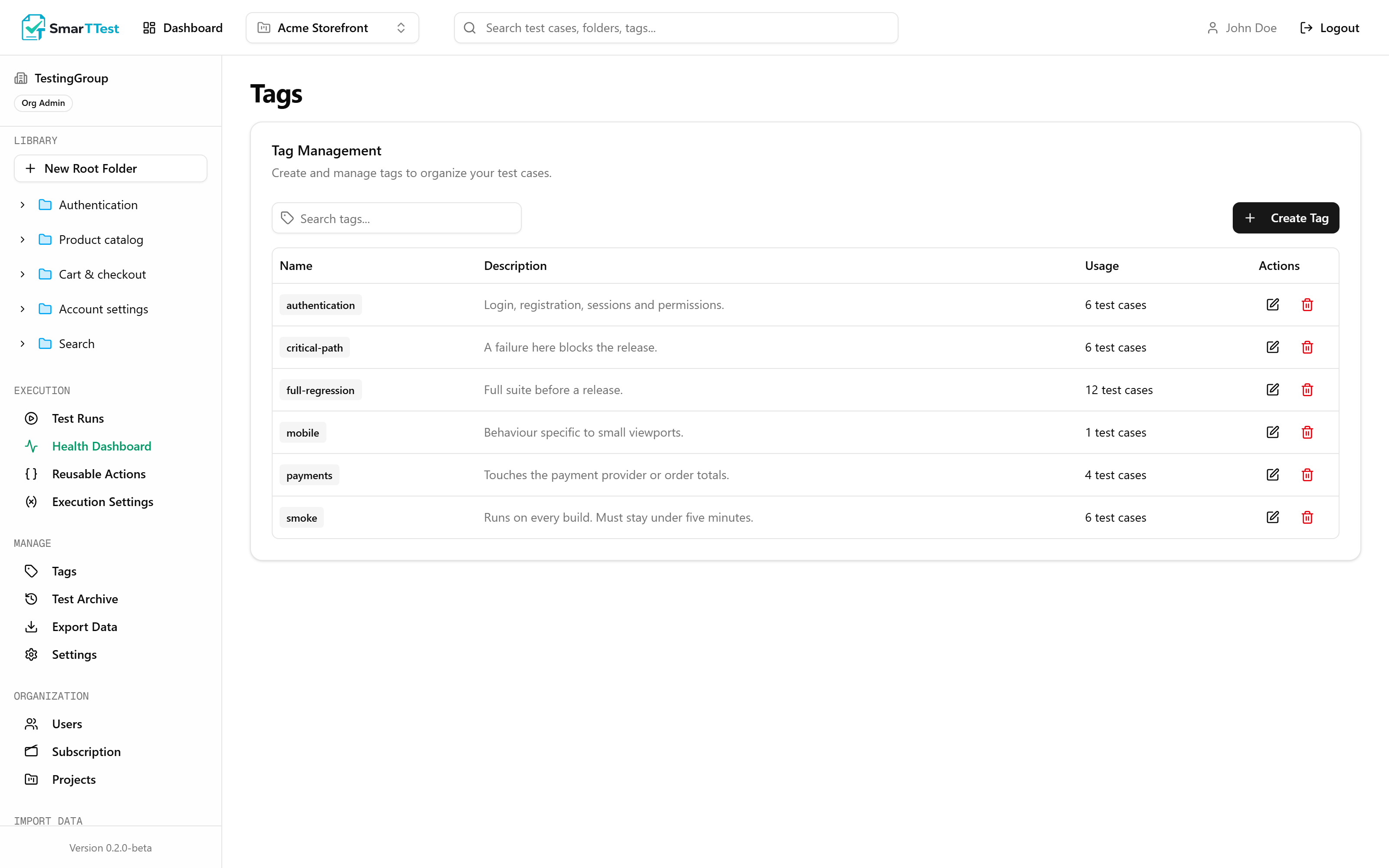 The Tags screen