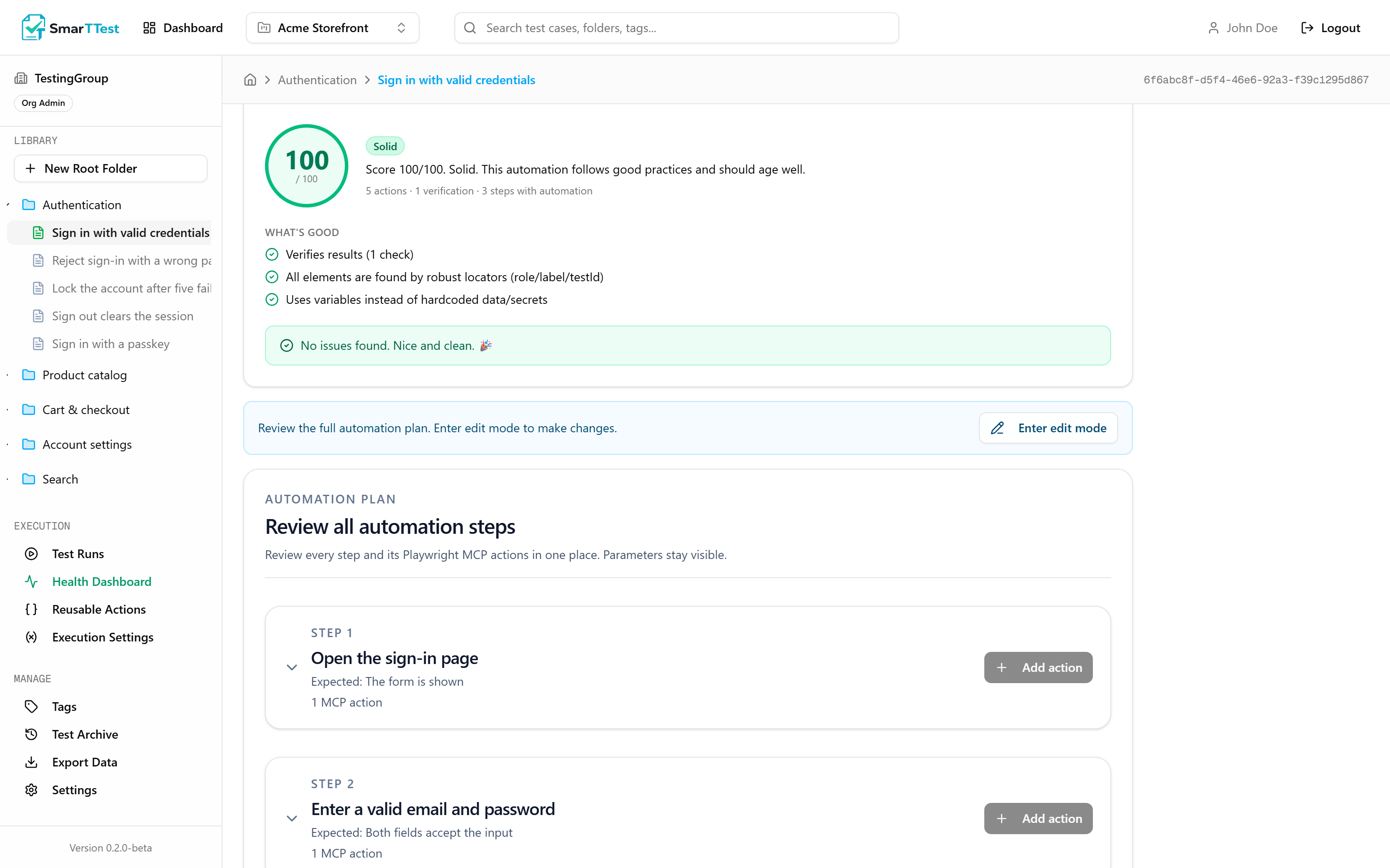 A test scoring 100 out of 100 with no issues found