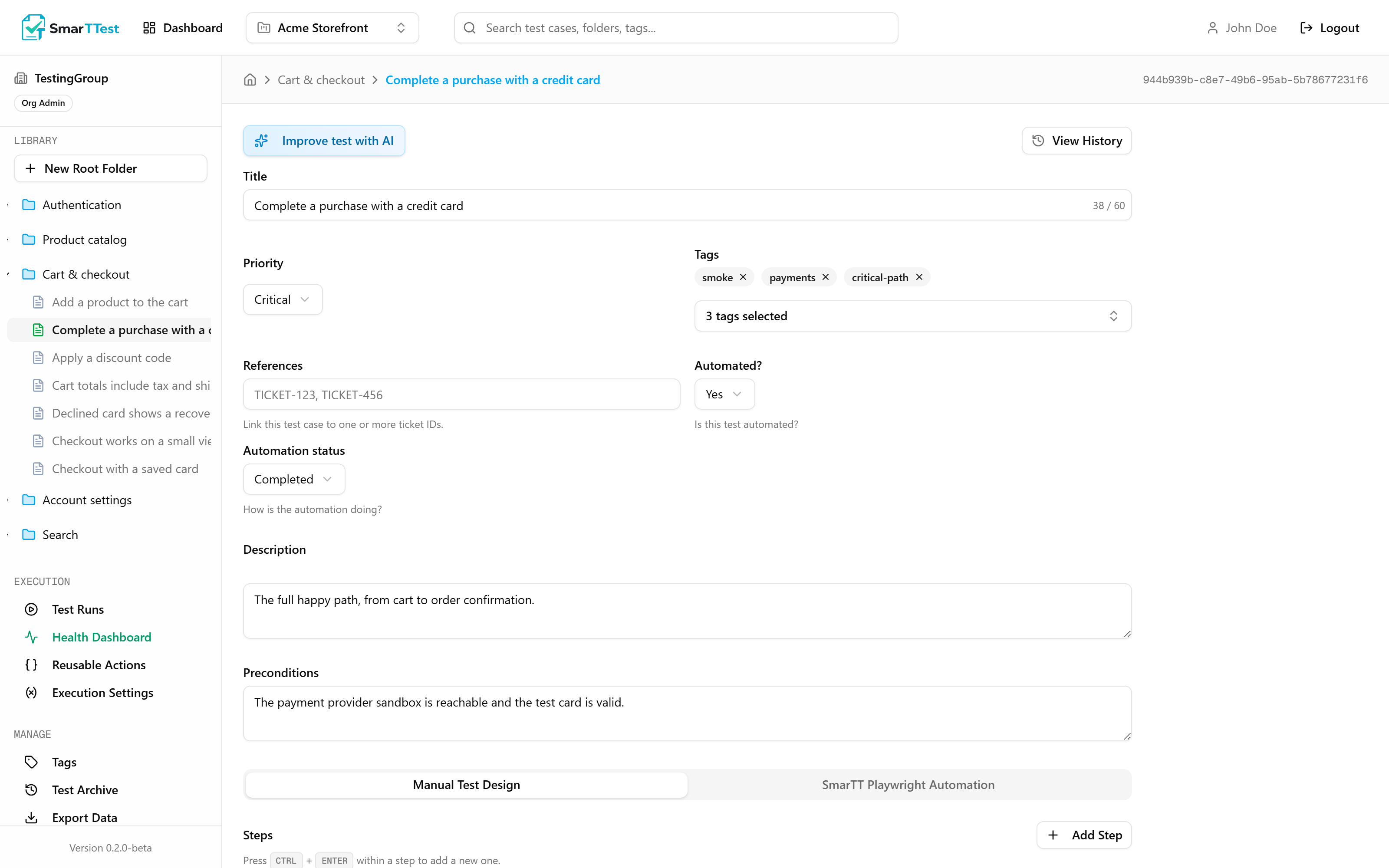 The test editor, with steps and expected result