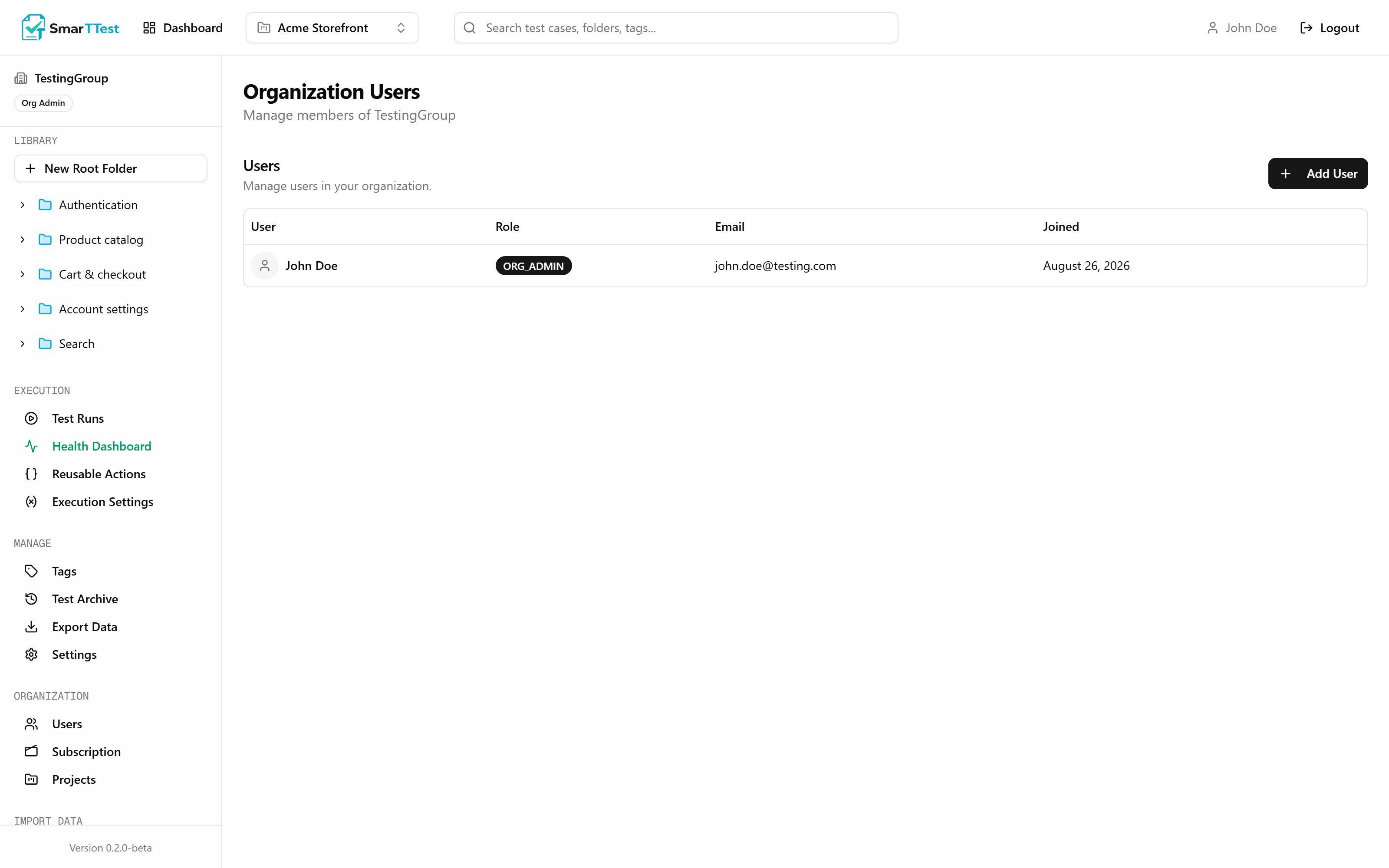 The Organization Users screen